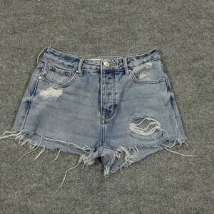 PacSun Shorts Womens 26 Blue Distressed Mom High Rise Floral Embroidered Denim